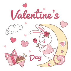 Delightful Grumpy Bunny in a Valentine's Day scene with sitting on a moon – Valentine Blush vector illustration