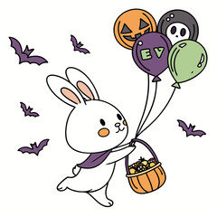 A Grumpy Bunny with floating with balloons in a Halloween theme – Spooky Fun palette SVG illustration