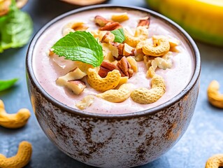 Delicious Pink Smoothie Bowl Topped with Cashews and Pecans
