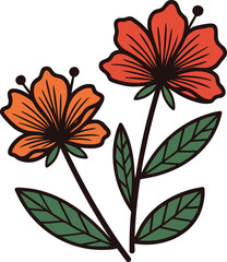 Two colorful flowers with green leaves vector illustration in orange and red colors 