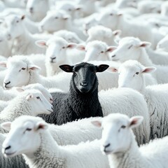 A black sheep stands out in the middle of an endless flock of white ones, symbolizing unique individuality and different thinking among many people