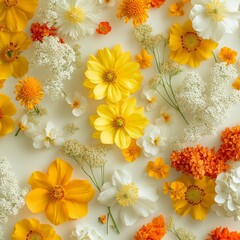 A beautiful allover flat lay of yellow light camÃ©lias flower, including the white and red yellow paquerette flowers and little flowers orange.