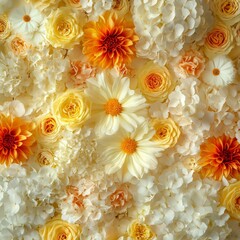 A beautiful allover flat lay of yellow light camÃ©lias flower, including the white and red yellow paquerette flowers and little flowers orange
