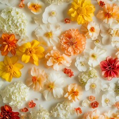 A beautiful allover flat lay of yellow light camÃ©lias flower, including the white and red yellow paquerette flowers and little flowers orange