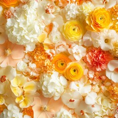 A beautiful allover flat lay of yellow light camÃ©lias flower, including the white and red yellow paquerette flowers and little flowers orange