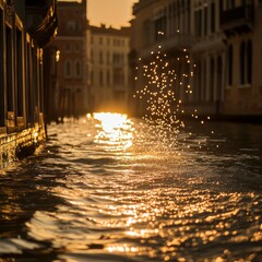  the rippling water of a Venetian canal, creating a vertical trail of dazzling sparkles; elegant Renaissance palazzo 