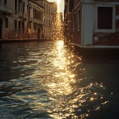  the rippling water of a Venetian canal, creating a vertical trail of dazzling sparkles; elegant Renaissance palazzo 