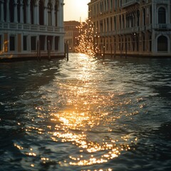  the rippling water of a Venetian canal, creating a vertical trail of dazzling sparkles; elegant Renaissance palazzo 
