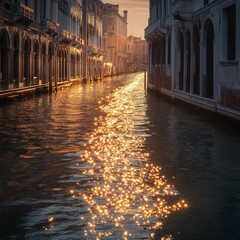  the rippling water of a Venetian canal, creating a vertical trail of dazzling sparkles; elegant Renaissance palazzo 