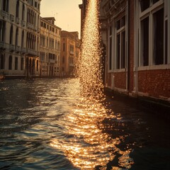  the rippling water of a Venetian canal, creating a vertical trail of dazzling sparkles; elegant Renaissance palazzo 