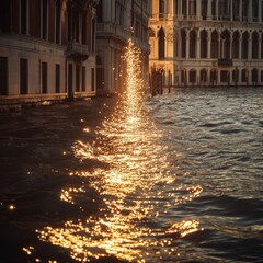  the rippling water of a Venetian canal, creating a vertical trail of dazzling sparkles; elegant Renaissance palazzo 
