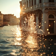 fa single golden sunbeam striking the rippling water of a Venetian canal, creating a vertical trail of dazzling sparkles; elegant Renaissance palazzo faÃ§ade softly lit in the background