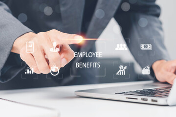 Employee Benefits and Compensation Strategy Concept. Employee benefits options on digital interface. Icons various benefits such as healthcare, insurance, travel, awards, and financial perks.