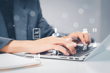 Employee Benefits and Compensation Strategy Concept. Employee benefits options on digital interface. Icons various benefits such as healthcare, insurance, travel, awards, and financial perks.