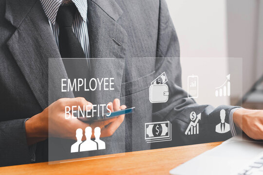 Employee Benefits and Compensation Strategy Concept. Employee benefits options on digital interface. Icons various benefits such as healthcare, insurance, travel, awards, and financial perks.