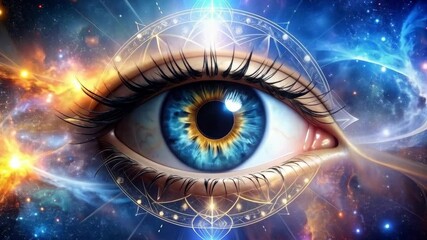 Cosmic Eye with Astral Design Against Starry Galaxy Background with Nebulae and Geometric Patterns, Concept for Vision and Universe