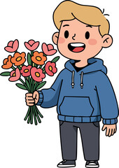 Boy holding bouquet of flowers wearing blue hoodie smiling cheerful vector illustration 