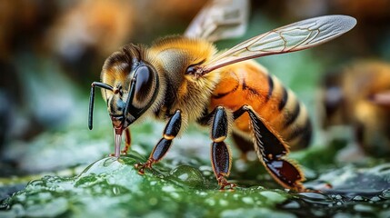 A honeybee drinks water from a leaf, showcasing intricate details and vibrant natural colors.