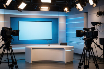 Contemporary TV studio with news desk, video cameras, microphones and lighting in a modern broadcasting environment