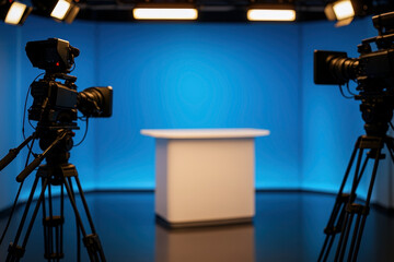 Empty modern television studio set with blue background, lights, desk and professional video cameras prepared