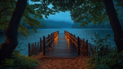 A serene lake scene at twilight featuring a wooden pier illuminated with soft, warm light.