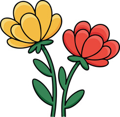 Colorful red and yellow flowers with green leaves simple vector illustration 