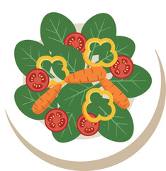 Fresh vegetable salad with carrots tomatoes spinach and yellow peppers on plate vector illustration 