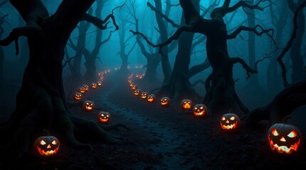 dark forest trail with carved pumpkins near, halloween