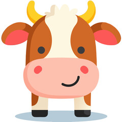 Fototapeta premium Cartoon cow with brown patches and yellow horns stands playfully smiling