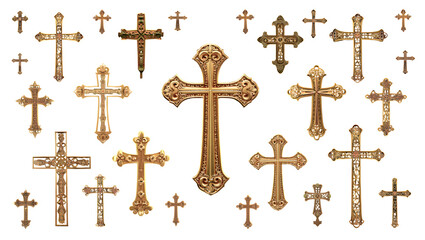 Collection of ornate golden Christian crosses of various sizes and designs isolated on a transparent background