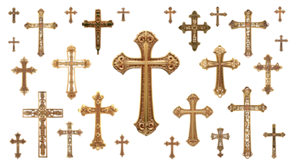 Collection of ornate golden Christian crosses of various sizes and designs isolated on a transparent background