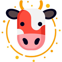 Cute cartoon cow face with a colorful design and golden accents around it