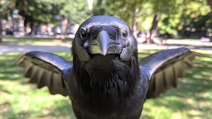 An impressive giant raven confronts the viewer head-on, its dark plumage gleaming in natural light