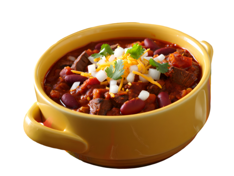 Hearty beef chili with kidney beans topped with shredded cheese diced onions and cilantro isolated on a transparent background