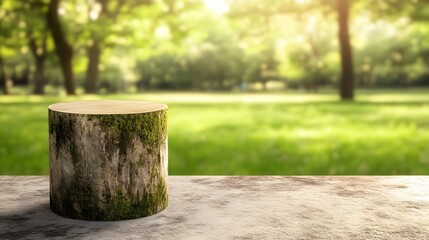 Fototapeta premium Scenic Park Mossy Tree Stump Product Display