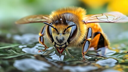 Close-up of a honey bee drinking water, showcasing its intricate features and detailed anatomy.