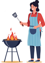 Woman grilling barbecue food with spatula wearing apron and casual clothes cooking outdoors 