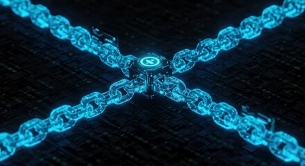 Glowing chains extend from a center point over a grid, creating a tech network.