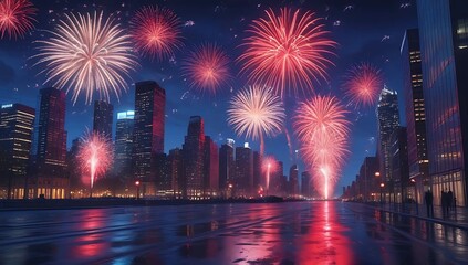 Spectacular fireworks illuminate the night sky of New York city. USA independence day, 4th July
