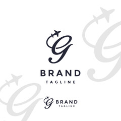 Airplane Flying On G Letter Line Logo Design. Airplane Flying On The End Of The G Letter Line Logo Design.
