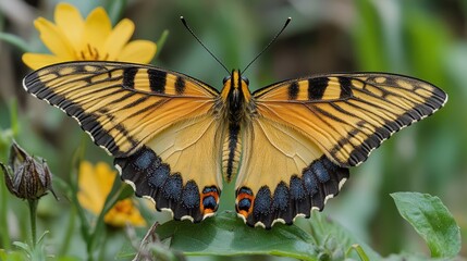 Striking swallowtail butterfly shows off yellow and black patterned wings in garden setting.