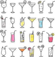 Cocktail Icon Set &ndash; 24 Colorful Mixed Drink Illustrations Featuring Martinis, Margaritas, and Highballs for Bar Menus, Party Graphics, and Beverage Designs