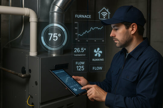 Technician monitors and controls a furnace system using a digital tablet, with temperature, flow, and running status displayed as augmented reality data overlays.