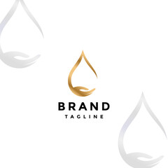 Golden Hand Water Silhouette Line Logo Design. Elegant Palm With Water Shaped Arm Logo Design.