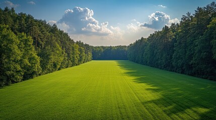 Verdant field bordered by lush trees under a partly cloudy sky bathed in sunlight.