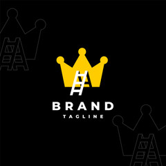 Simple Stairs to The King Logo Design. Stairs Standing On Crown Icon Logo Design.