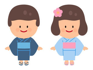浴衣を着た人物イラストセット(茶髪)