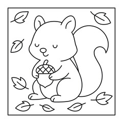 Cute Squirrel with Acorn – Fall Coloring Page for Kids