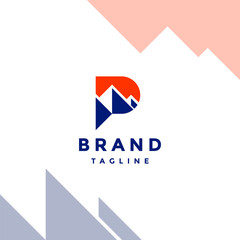Letter P With Mountain Geometry Motif Logo Design. Simple Mountain Motif In Letter P Logo Design.