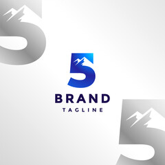 Number Five With Mountain Silhouette Logo Design. Simple Mountain Number Five Icon Logo Design.